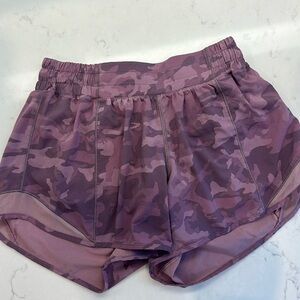 Lululemon shorts in purple camo with lining, size 6